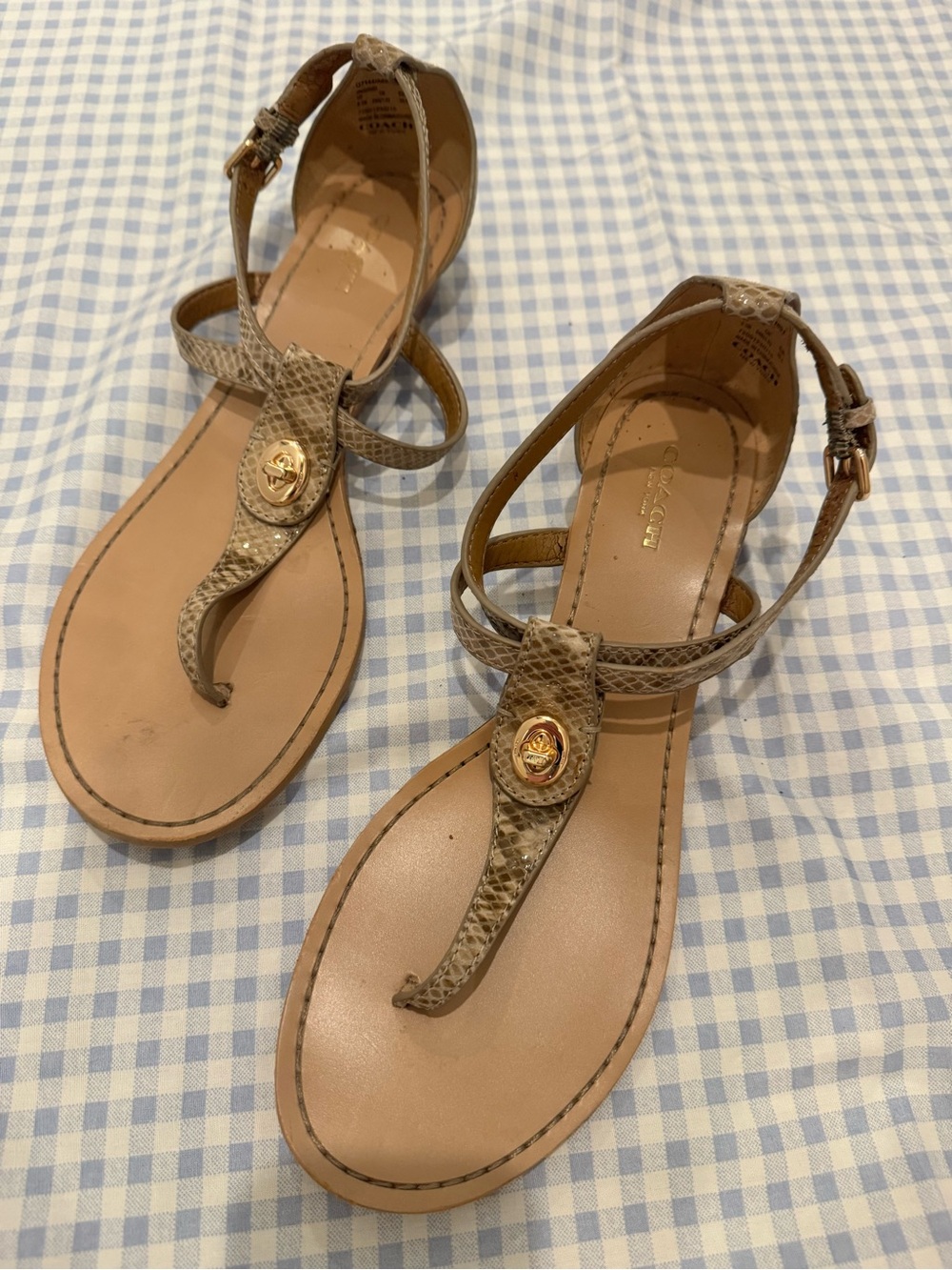 Coach Beige Snake-Embossed Leather Thong Sandals with Gold Logo